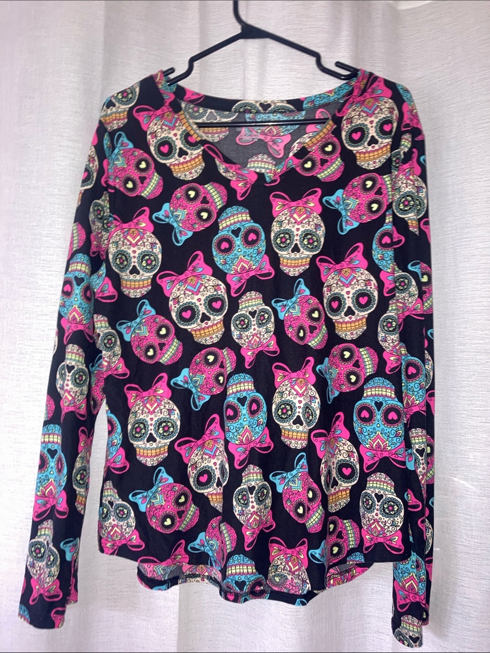 No Boundaries Black Long Sleeve Tee with Pink & Teal Sugar Skull Pattern